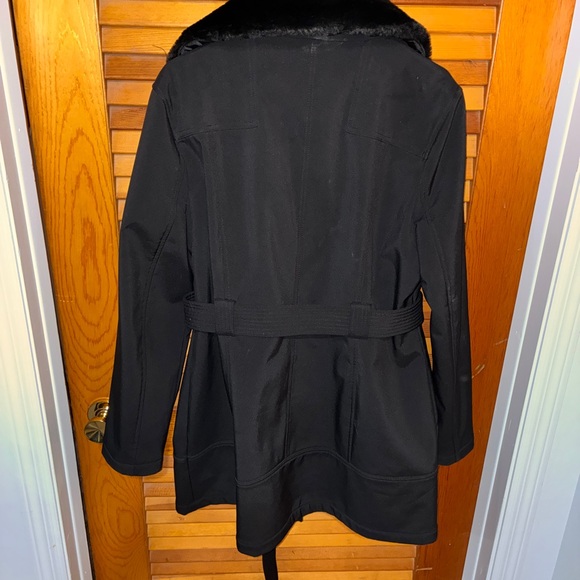 GUESS Long Black Winter Coat – Faux Fur Collar, Belted- womens size - Picture 6 of 10